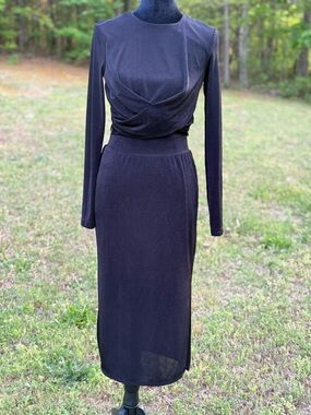 Sincerely Jules two piece black skirt set w/cross drape top and dual slit skirt